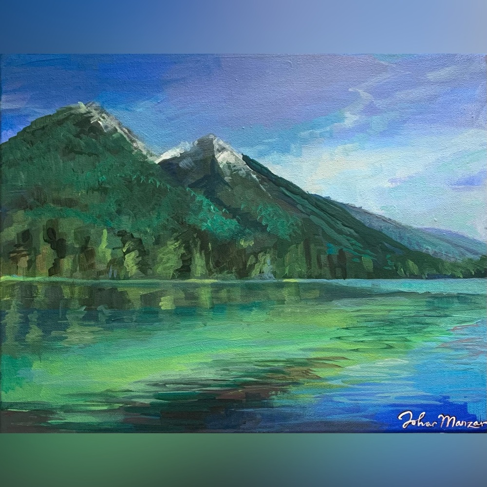 Original Acrylic Painting Green Blue Serene Mountain Lake Sky Canvas Art Signed